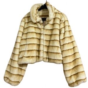 Ashley Stewart Women Cream Multi Faux Fur Penny Lane Glam Fall Winter Coat Sz-3X